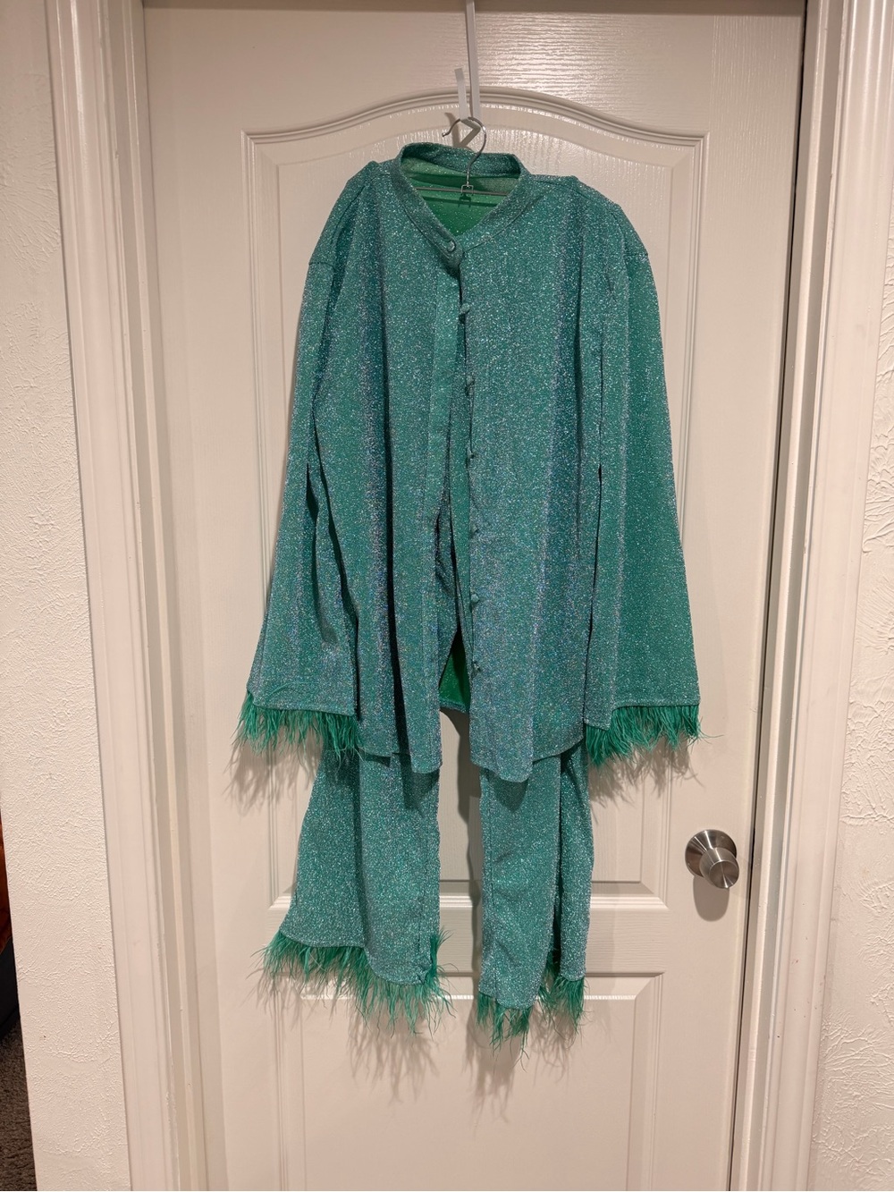 Teal Feather-Trim Cape — Sparkle Evening Layer